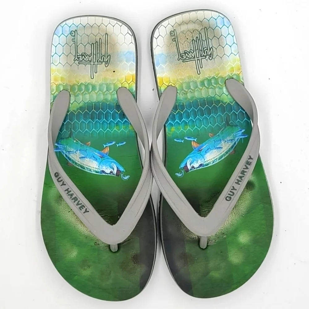 Guy Harvey Flip Flop Thong Sandals Size 7/8R Green Fish - Picture 3 of 5
